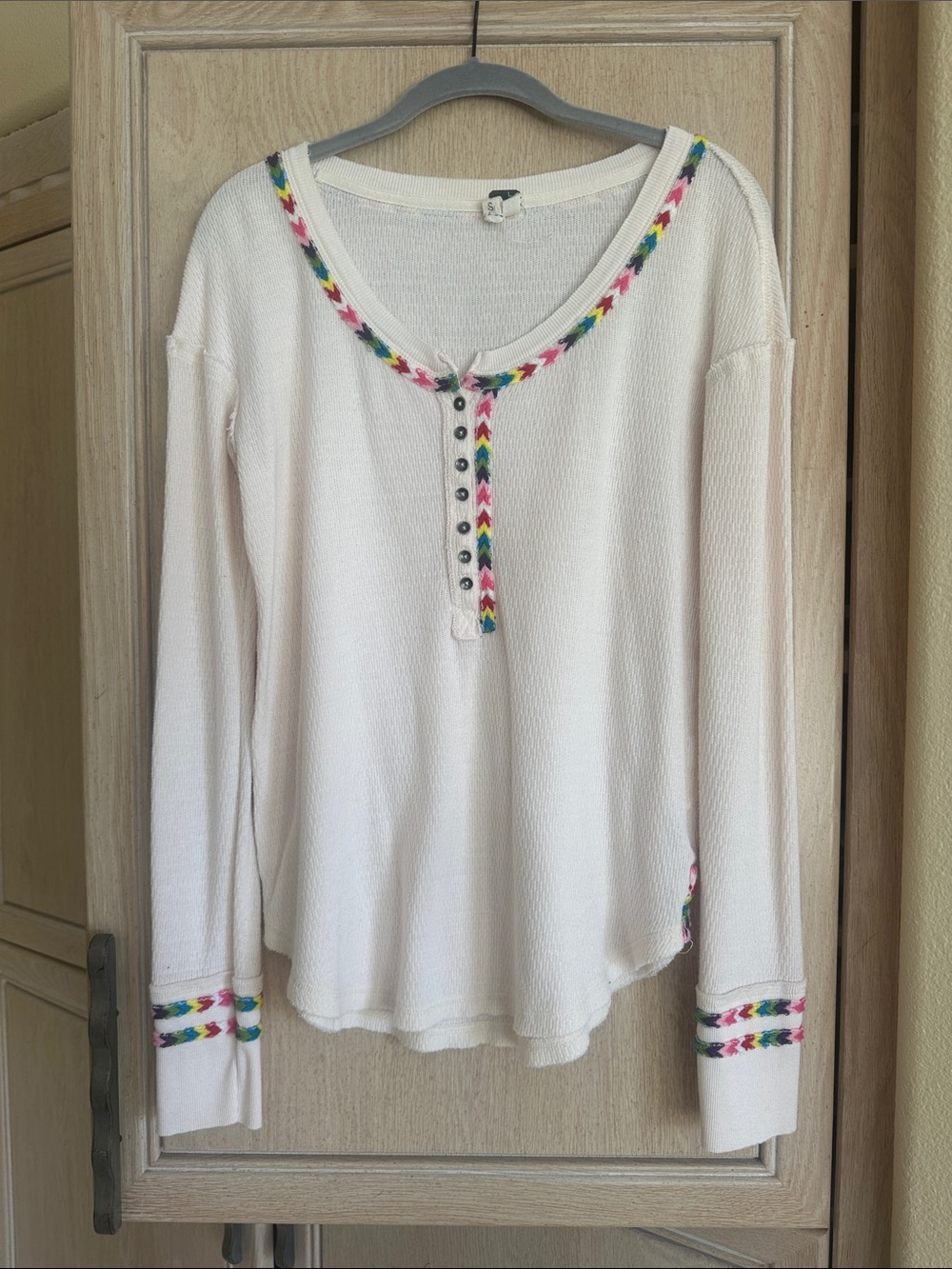 Free People Women's Cream Long-Sleeve Knit Henley Top with Multicolor Trim